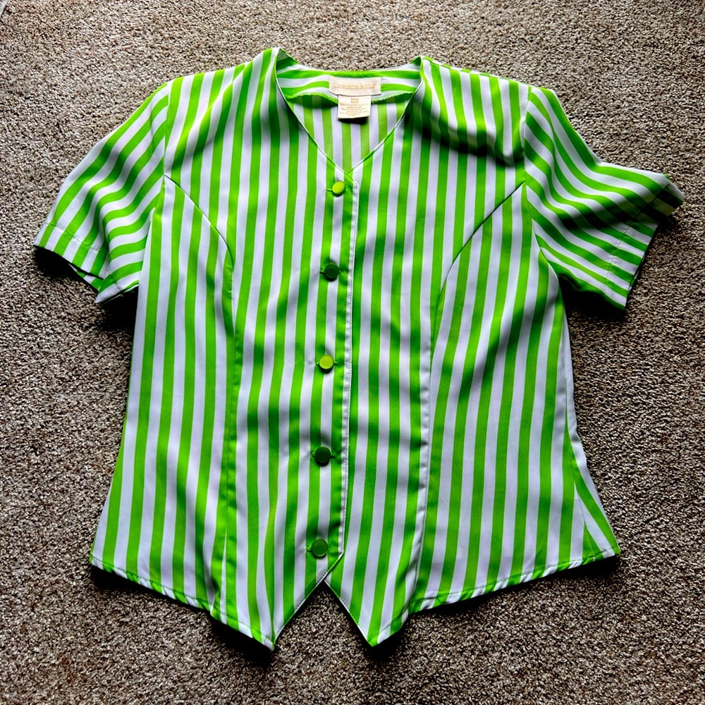 Vintage Structured Lime Green Striped Blouse